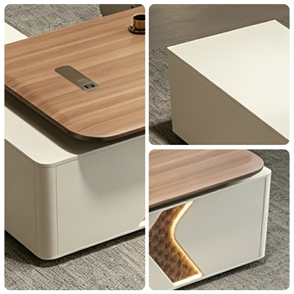 LUXORA Executive Office Desk - Modern Manager Workstation with LED Accent Storage Cabinet - Walnut & Cream