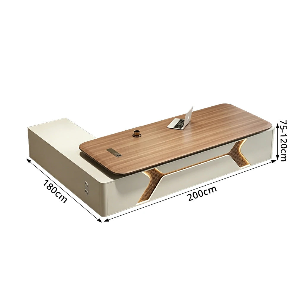 LUXORA Executive Office Desk - Modern Manager Workstation with LED Accent Storage Cabinet - Walnut & Cream