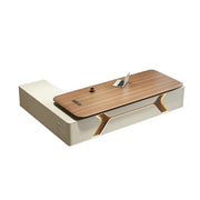 LUXORA Executive Office Desk - Modern Manager Workstation with LED Accent Storage Cabinet - Walnut & Cream