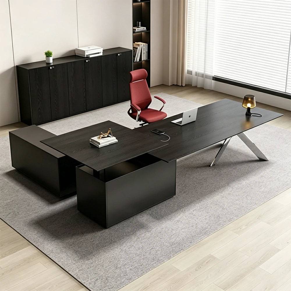 LUXORA 2.4m Executive Height Adjustable Desk - Modern Office Workstation with Side Cabinet - Black Oak