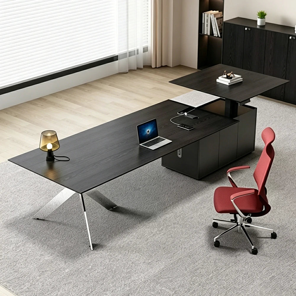 LUXORA 2.4m Executive Height Adjustable Desk - Modern Office Workstation with Side Cabinet - Black Oak