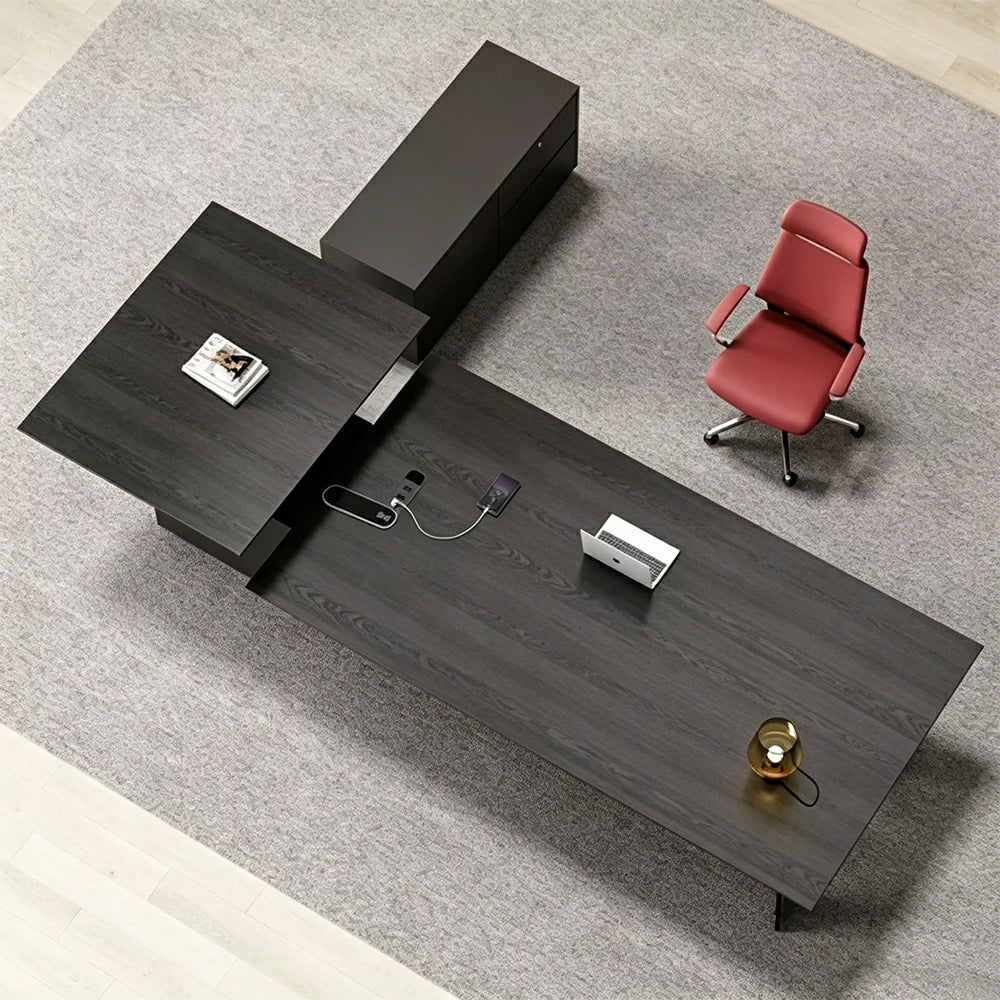 LUXORA 2.4m Executive Height Adjustable Desk - Modern Office Workstation with Side Cabinet - Black Oak