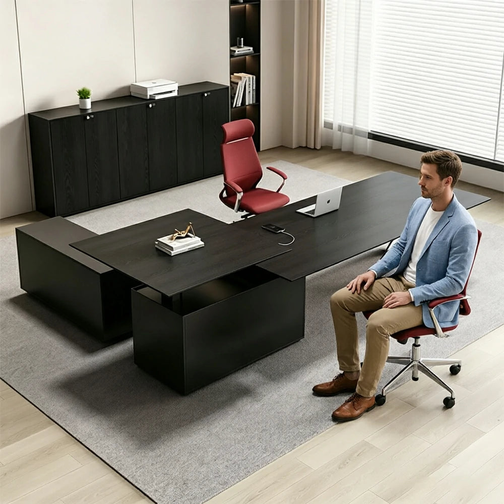 LUXORA 2.4m Executive Height Adjustable Desk - Modern Office Workstation with Side Cabinet - Black Oak