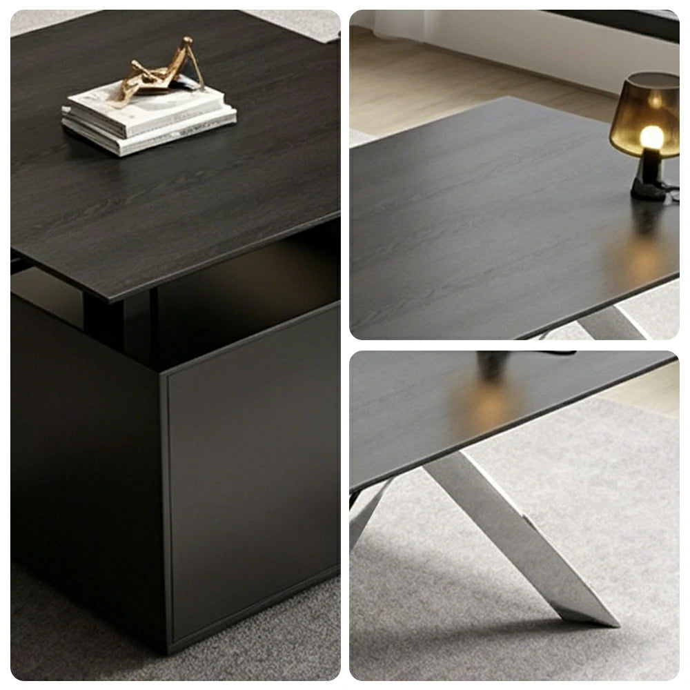 LUXORA 2.4m Executive Height Adjustable Desk - Modern Office Workstation with Side Cabinet - Black Oak