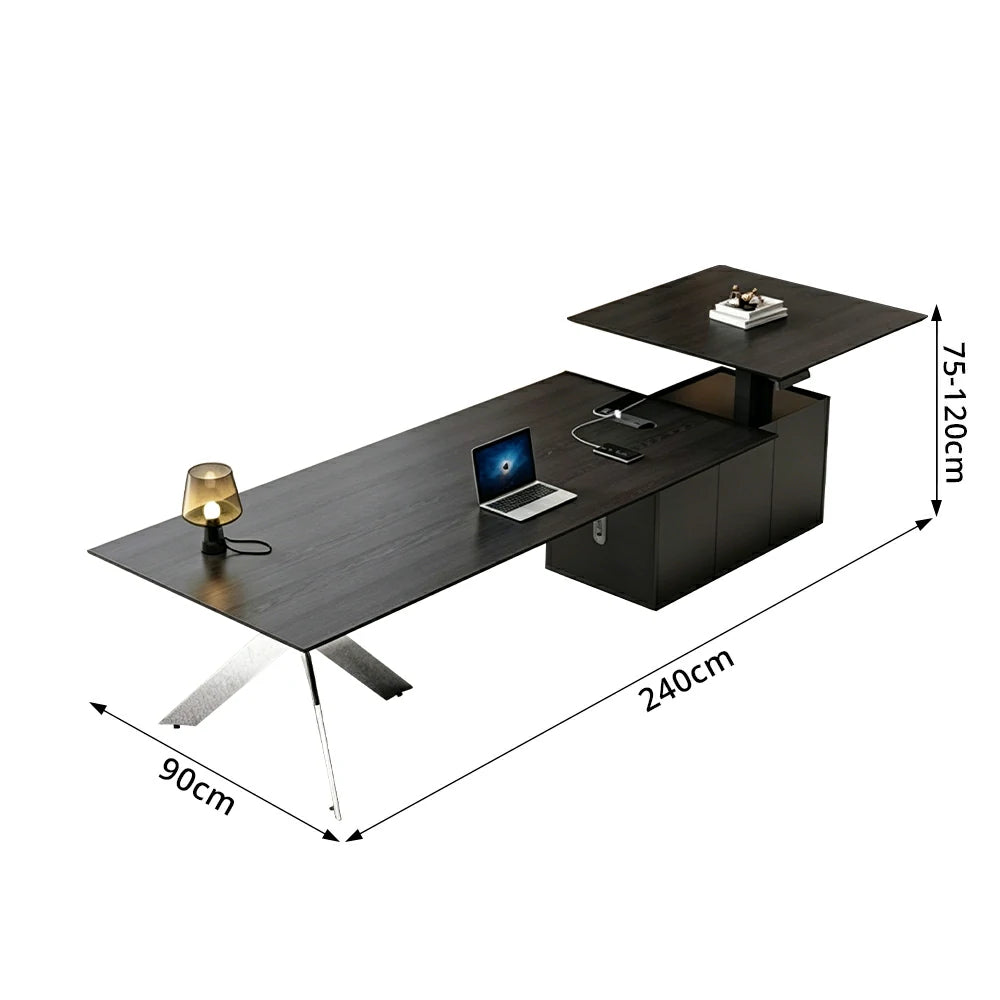 LUXORA 2.4m Executive Height Adjustable Desk - Modern Office Workstation with Side Cabinet - Black Oak