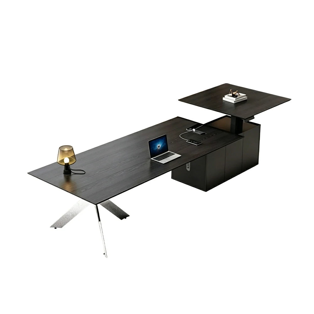LUXORA 2.4m Executive Height Adjustable Desk - Modern Office Workstation with Side Cabinet - Black Oak
