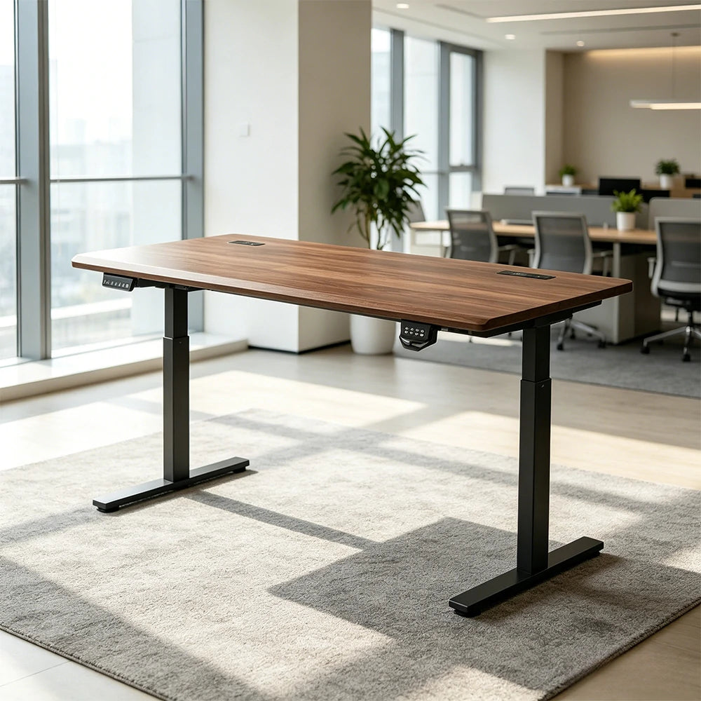 LUXORA Dual Motor Electric Standing Desk with Power Strip, Solid Rubber Wood Top 120×65×115cm Walnut