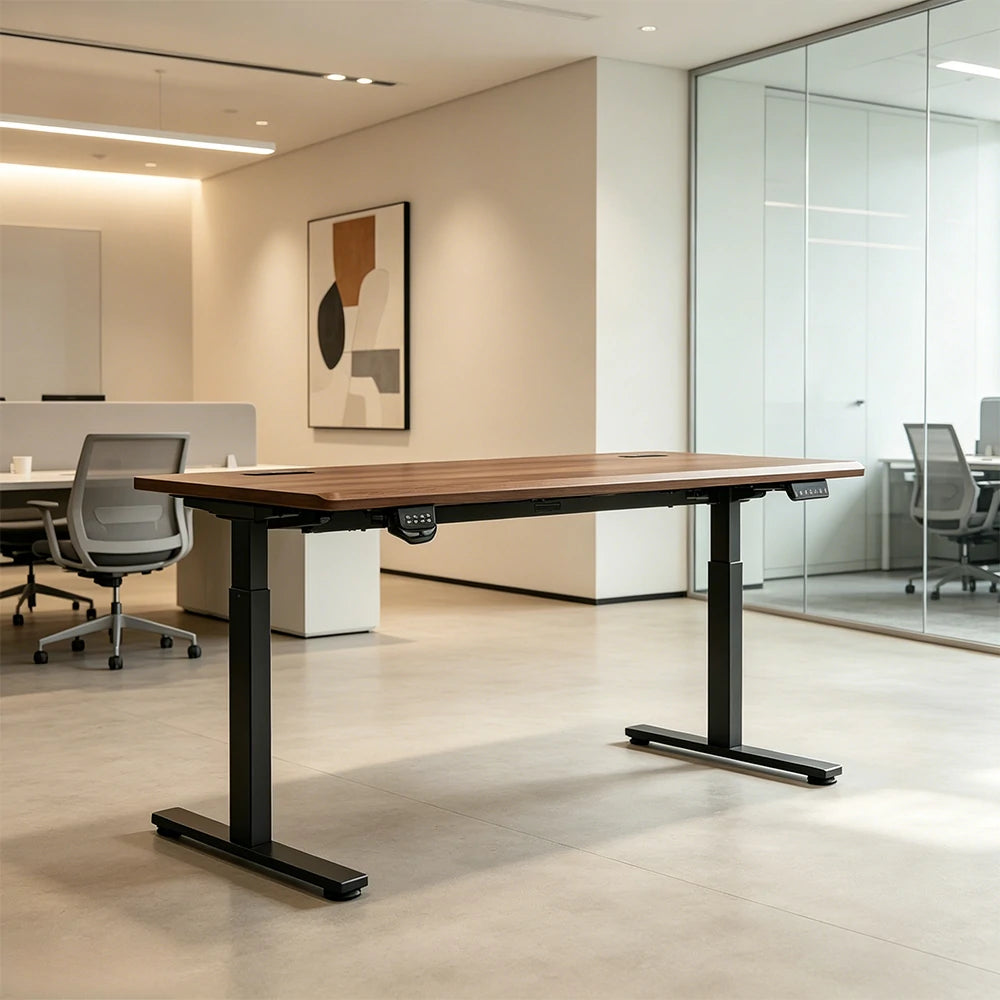 LUXORA Dual Motor Electric Standing Desk with Power Strip, Solid Rubber Wood Top 120×65×115cm Walnut