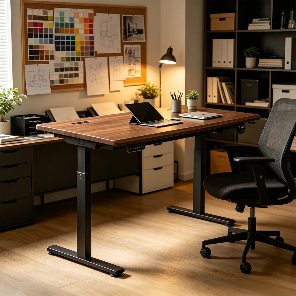 LUXORA Dual Motor Electric Standing Desk with Power Strip, Solid Rubber Wood Top 120×65×115cm Walnut