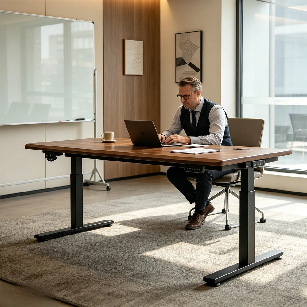 LUXORA Dual Motor Electric Standing Desk with Power Strip, Solid Rubber Wood Top 120×65×115cm Walnut