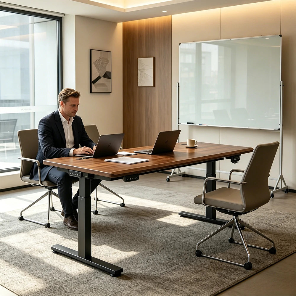 LUXORA Dual Motor Electric Standing Desk with Power Strip, Solid Rubber Wood Top 120×65×115cm Walnut