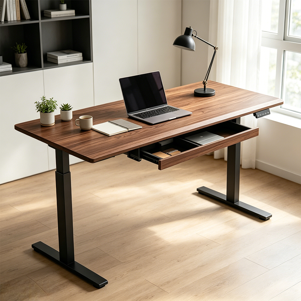 LUXORA Electric Standing Desk with Drawer, Dual Motor Height Adjustable Sit Stand Desk, Solid Wood Top Home Office Study - Walnut