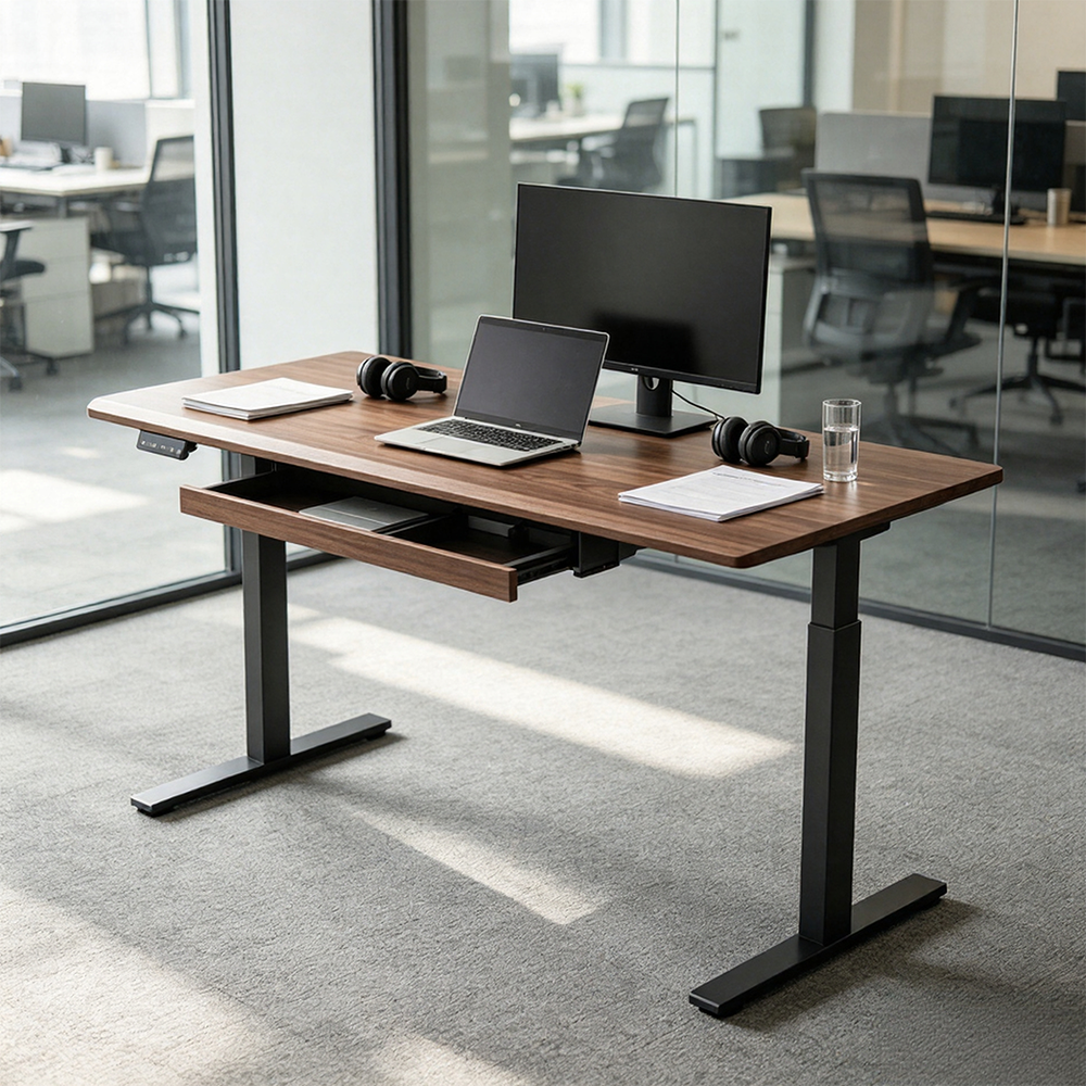 LUXORA Electric Standing Desk with Drawer, Dual Motor Height Adjustable Sit Stand Desk, Solid Wood Top Home Office Study - Walnut