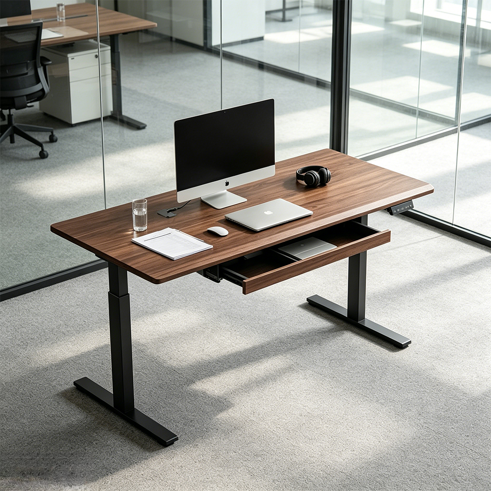 LUXORA Electric Standing Desk with Drawer, Dual Motor Height Adjustable Sit Stand Desk, Solid Wood Top Home Office Study - Walnut
