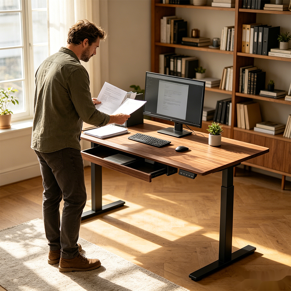 LUXORA Electric Standing Desk with Drawer, Dual Motor Height Adjustable Sit Stand Desk, Solid Wood Top Home Office Study - Walnut