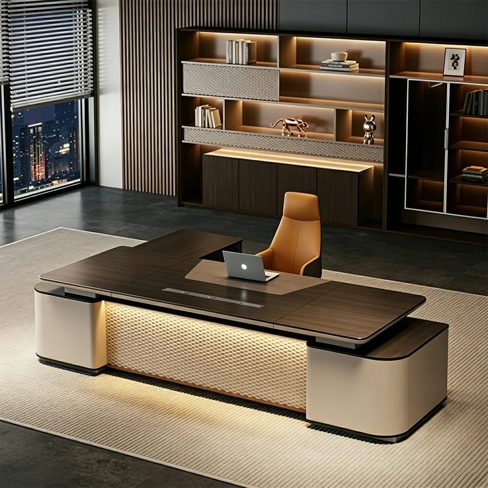 LUXROA Dual Cabinet Executive Desk Luxury CEO Office Desk Dragon-scale Smart LED Storage Workspace - Walnut & Beige
