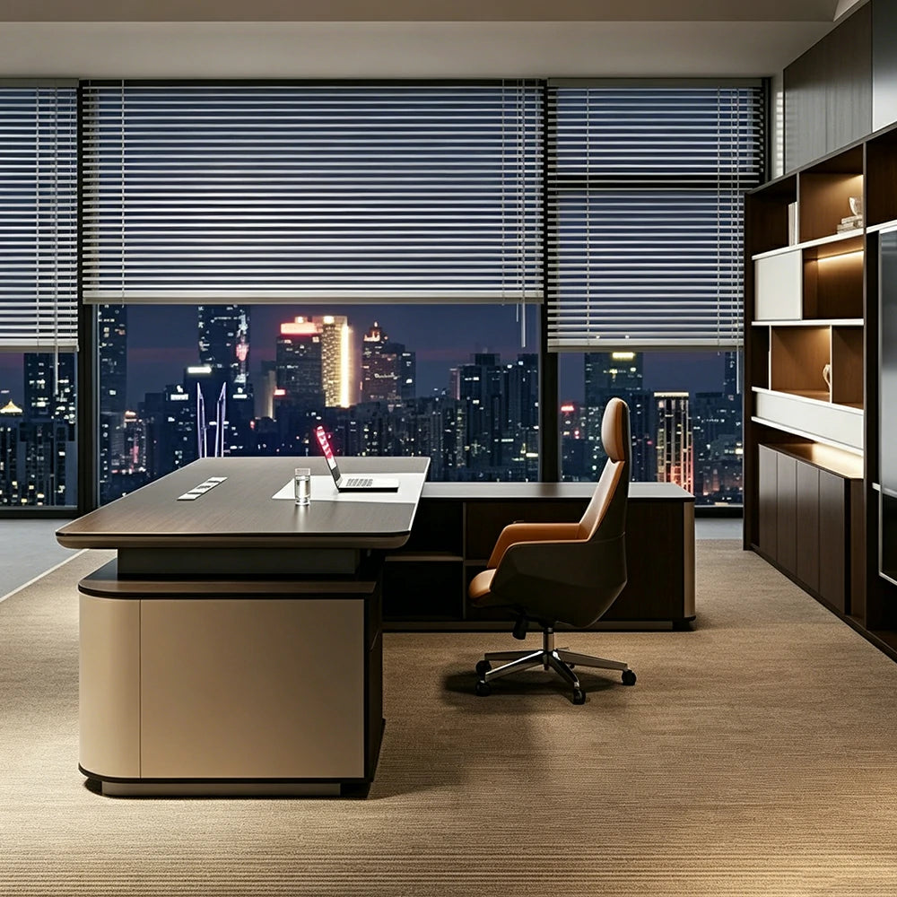 LUXROA Dual Cabinet Executive Desk Luxury CEO Office Desk Dragon-scale Smart LED Storage Workspace - Walnut & Beige