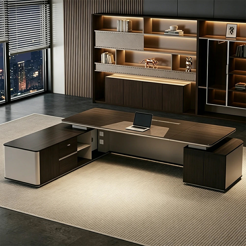 LUXROA Dual Cabinet Executive Desk Luxury CEO Office Desk Dragon-scale Smart LED Storage Workspace - Walnut & Beige