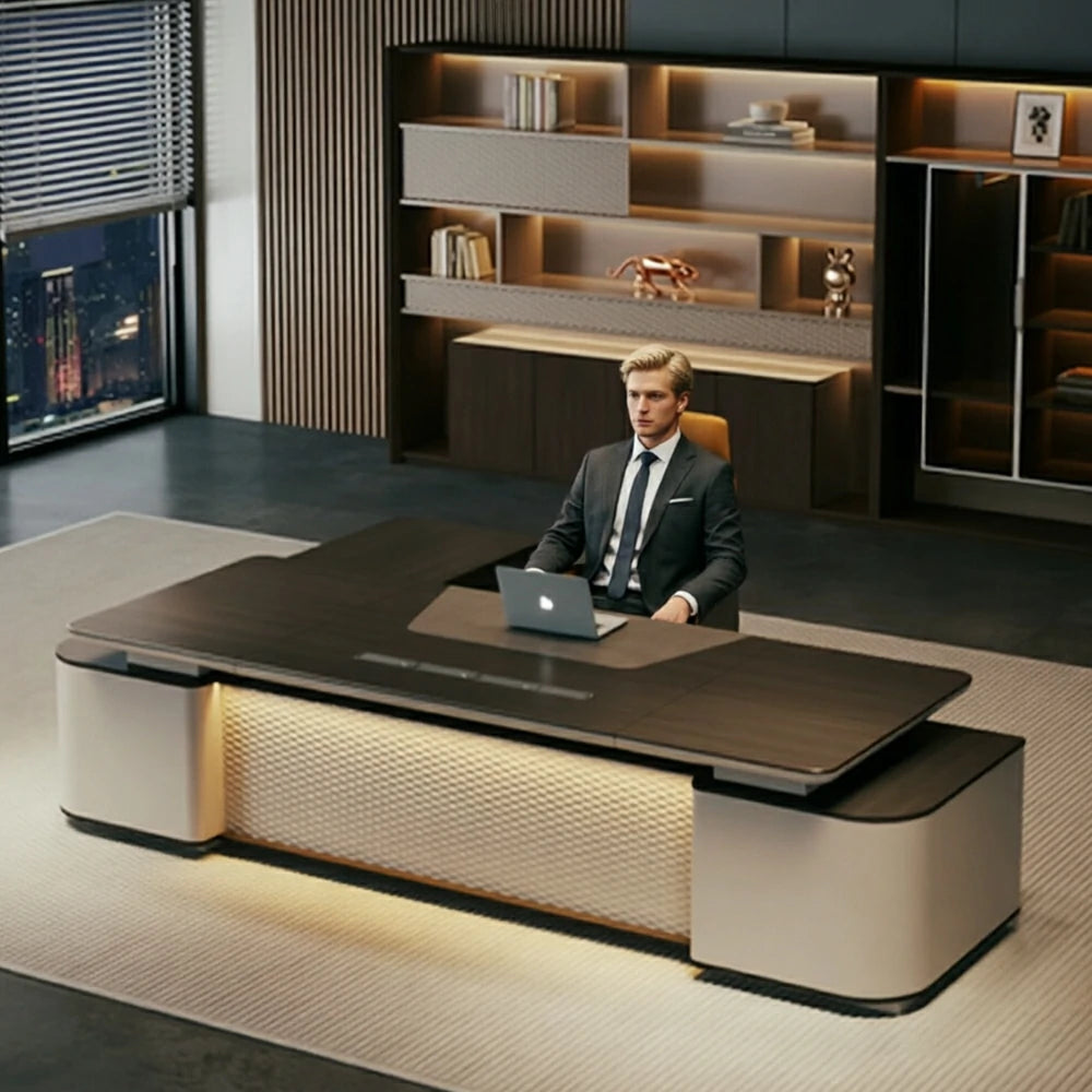 LUXROA Dual Cabinet Executive Desk Luxury CEO Office Desk Dragon-scale Smart LED Storage Workspace - Walnut & Beige