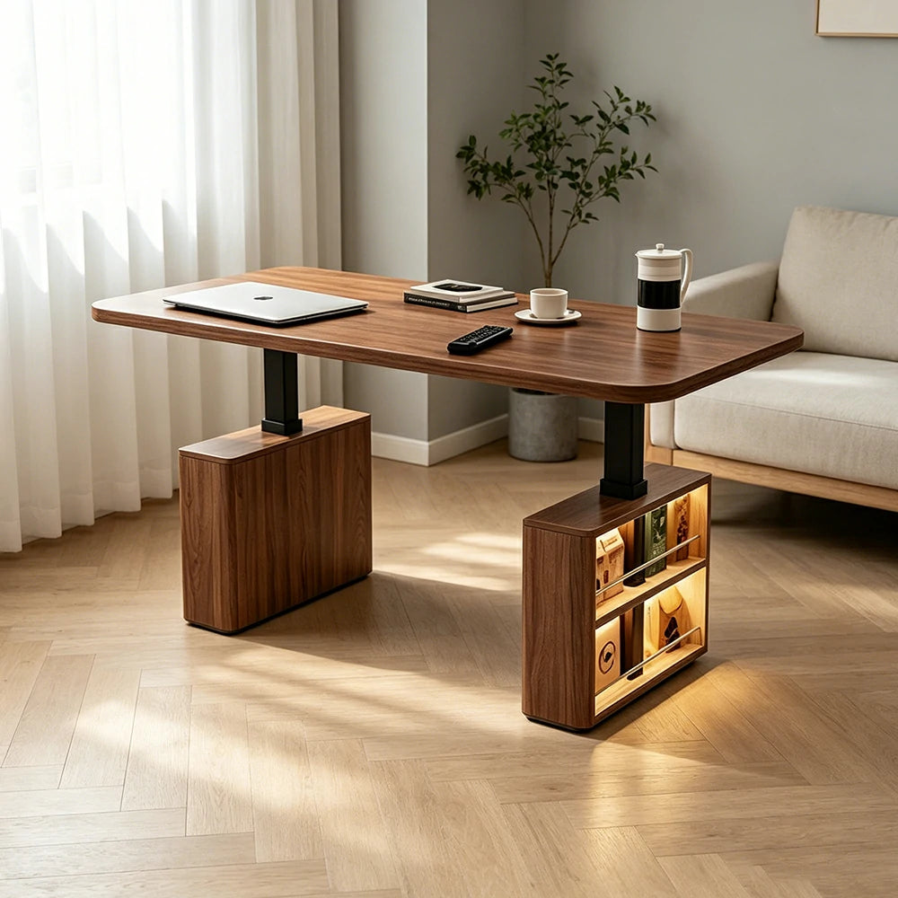 LUXORA Executive Double Cabinet Smart LED CEO Office Desk Luxury Dragon-Scale Design Workspace Storage Desk 1.2m Adjustable - Cream & Walnut