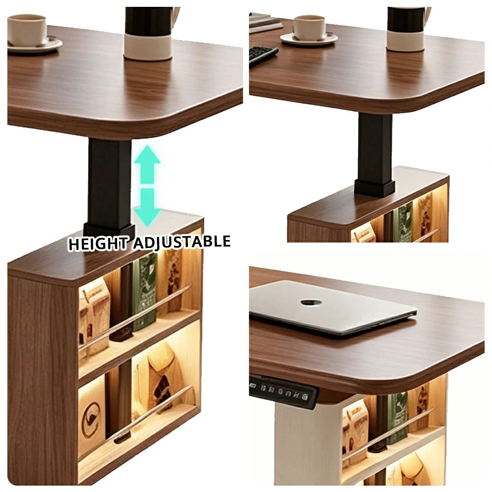 LUXORA Executive Double Cabinet Smart LED CEO Office Desk Luxury Dragon-Scale Design Workspace Storage Desk 1.2m Adjustable - Cream & Walnut