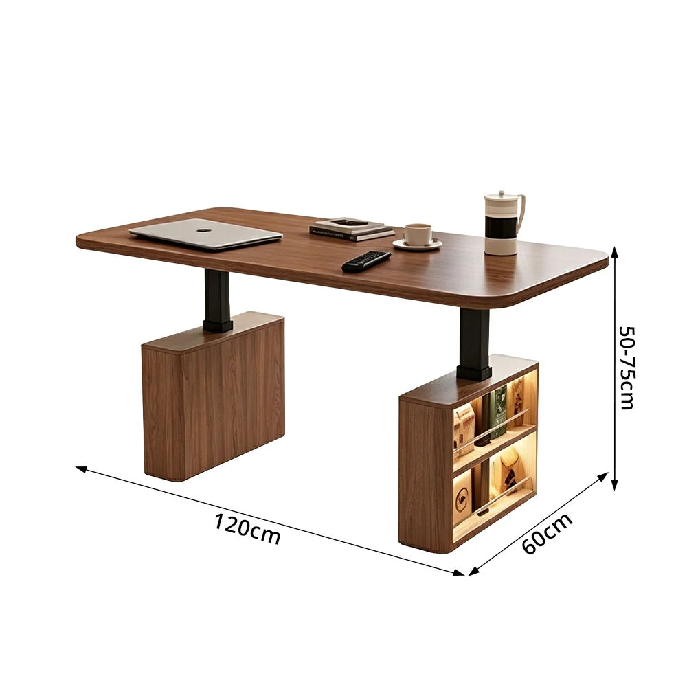 LUXORA Executive Double Cabinet Smart LED CEO Office Desk Luxury Dragon-Scale Design Workspace Storage Desk 1.2m Adjustable - Cream & Walnut