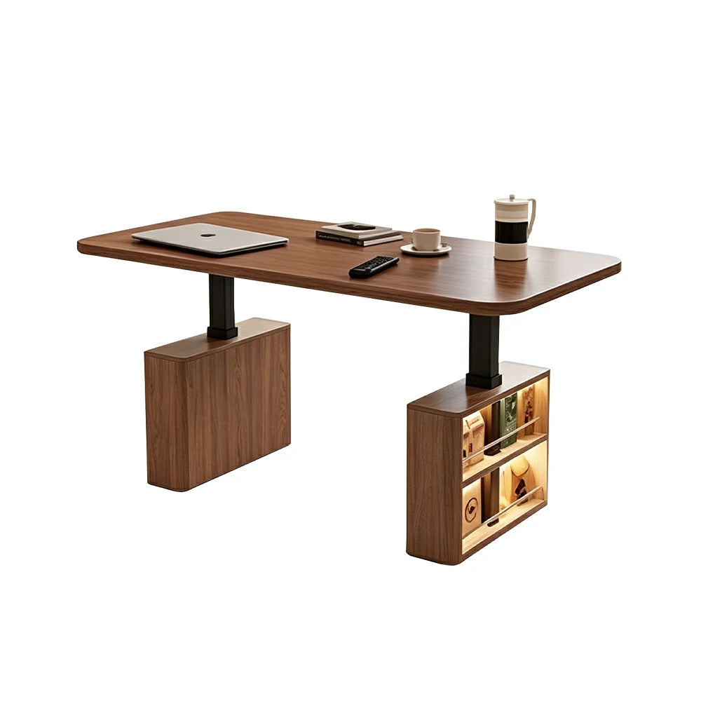LUXORA Executive Double Cabinet Smart LED CEO Office Desk Luxury Dragon-Scale Design Workspace Storage Desk 1.2m Adjustable - Cream & Walnut