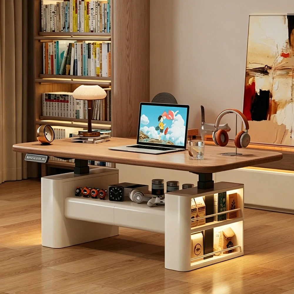 LUXORA Height Adjustable Executive Lift Desk Solid Wood & Marble Rock Top Smart Storage Office Workstation Dual Cabinet Design - Walnut & Beige