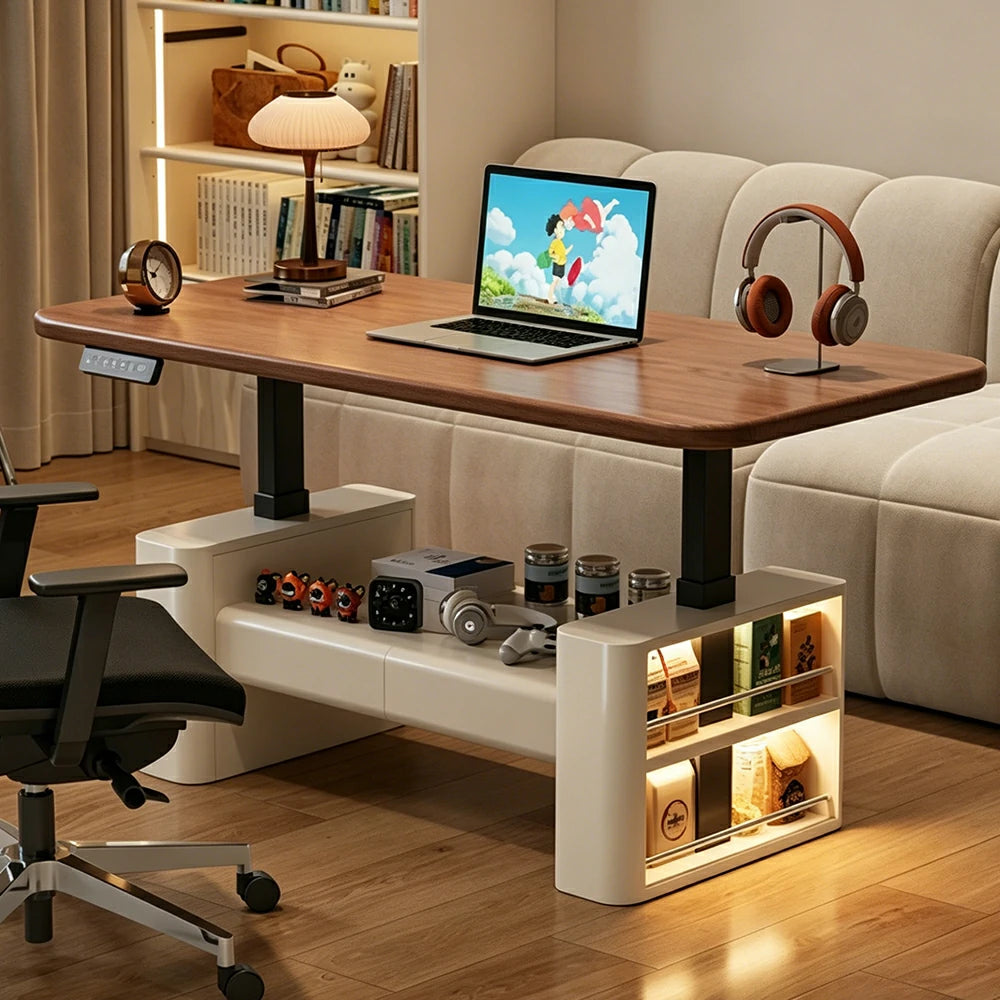 LUXORA Height Adjustable Executive Lift Desk Solid Wood & Marble Rock Top Smart Storage Office Workstation Dual Cabinet Design - Walnut & Beige