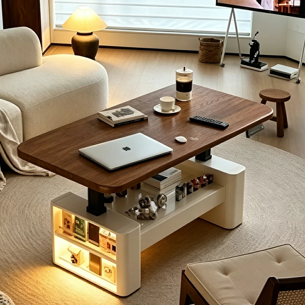 LUXORA Height Adjustable Executive Lift Desk Solid Wood & Marble Rock Top Smart Storage Office Workstation Dual Cabinet Design - Walnut & Beige