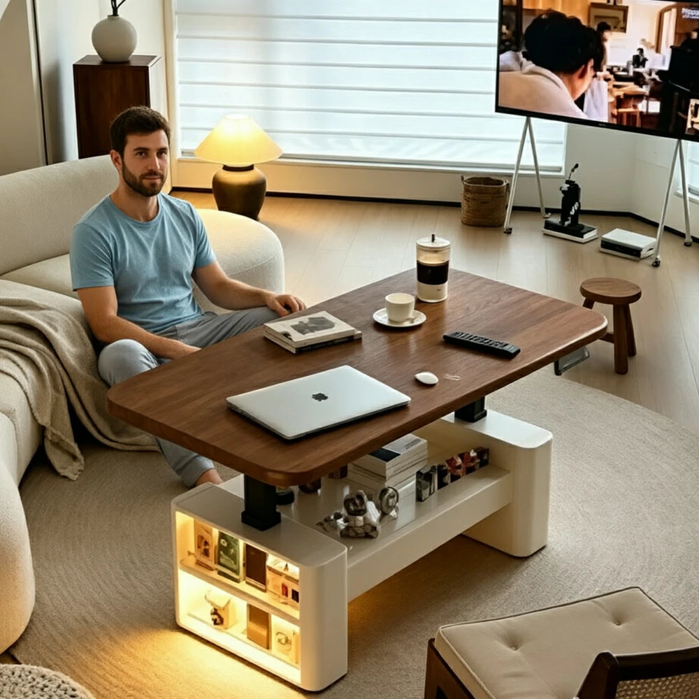 LUXORA Height Adjustable Executive Lift Desk Solid Wood & Marble Rock Top Smart Storage Office Workstation Dual Cabinet Design - Walnut & Beige