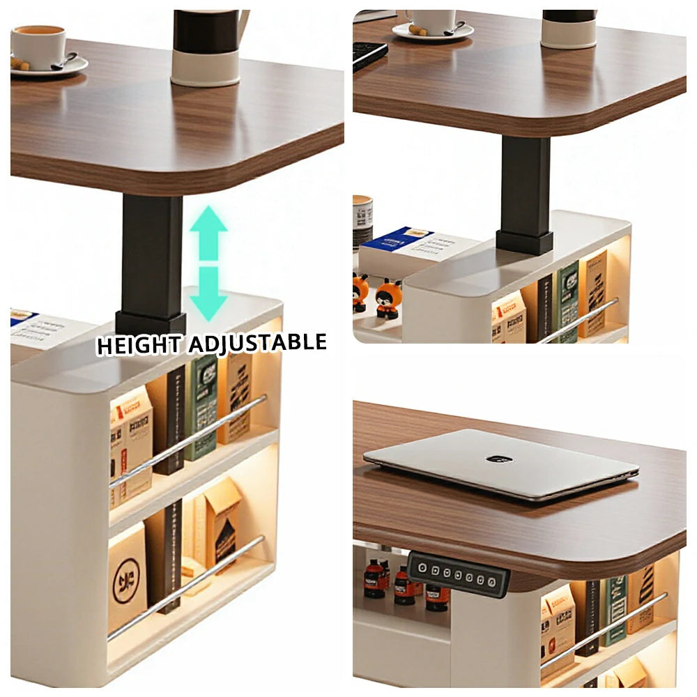 LUXORA Height Adjustable Executive Lift Desk Solid Wood & Marble Rock Top Smart Storage Office Workstation Dual Cabinet Design - Walnut & Beige