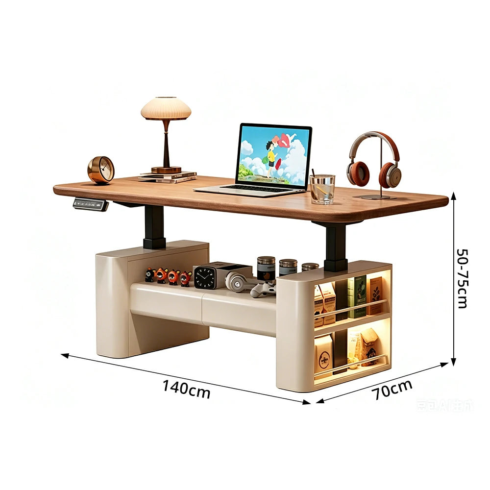 LUXORA Height Adjustable Executive Lift Desk Solid Wood & Marble Rock Top Smart Storage Office Workstation Dual Cabinet Design - Walnut & Beige
