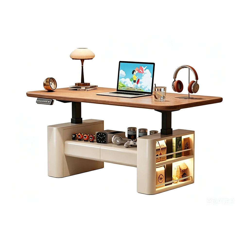 LUXORA Height Adjustable Executive Lift Desk Solid Wood & Marble Rock Top Smart Storage Office Workstation Dual Cabinet Design - Walnut & Beige