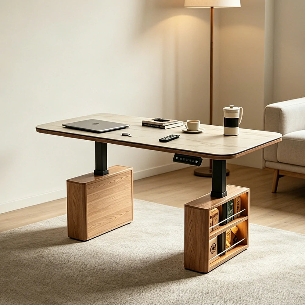 LUXORA Height Adjustable Executive Lift Desk Marble Rock Top Dual Cabinet Storage Smart Office Workstation Home Desk - Walnut & White Stone