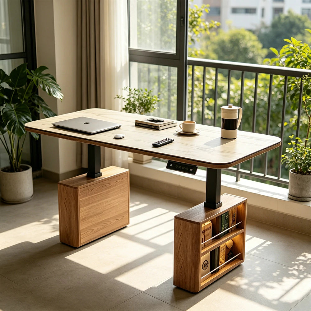 LUXORA Height Adjustable Executive Lift Desk Marble Rock Top Dual Cabinet Storage Smart Office Workstation Home Desk - Walnut & White Stone