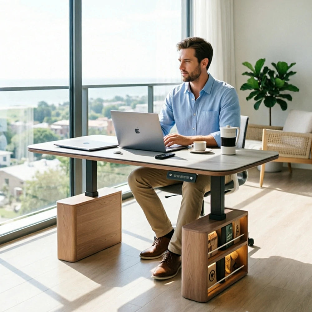LUXORA Height Adjustable Executive Lift Desk Marble Rock Top Dual Cabinet Storage Smart Office Workstation Home Desk - Walnut & White Stone