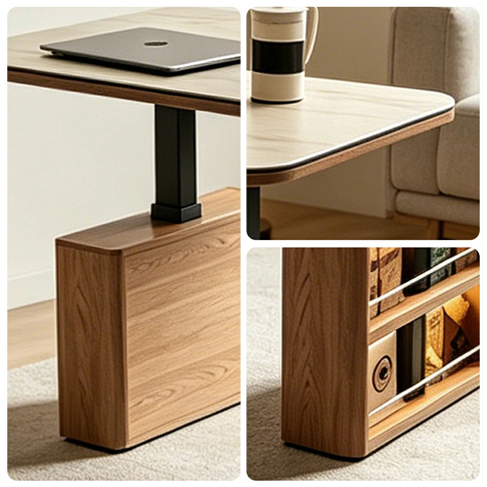 LUXORA Height Adjustable Executive Lift Desk Marble Rock Top Dual Cabinet Storage Smart Office Workstation Home Desk - Walnut & White Stone