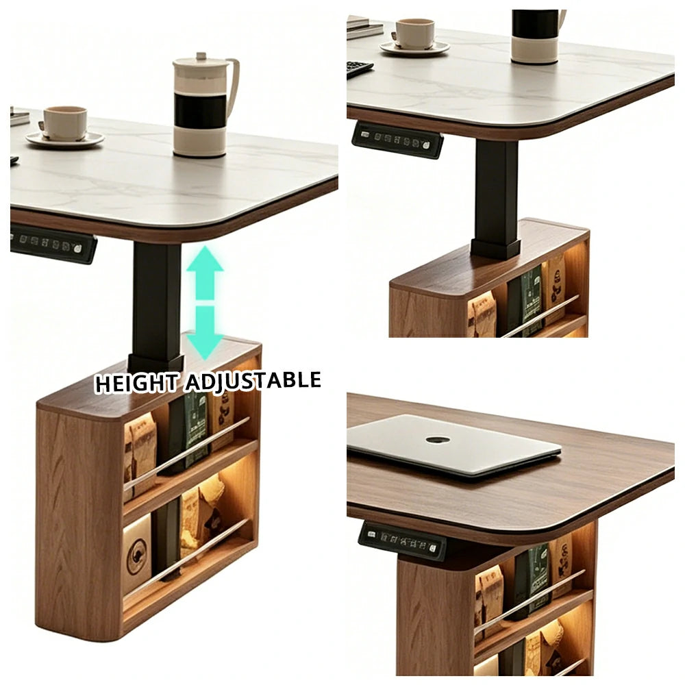 LUXORA Height Adjustable Executive Lift Desk Marble Rock Top Dual Cabinet Storage Smart Office Workstation Home Desk - Walnut & White Stone
