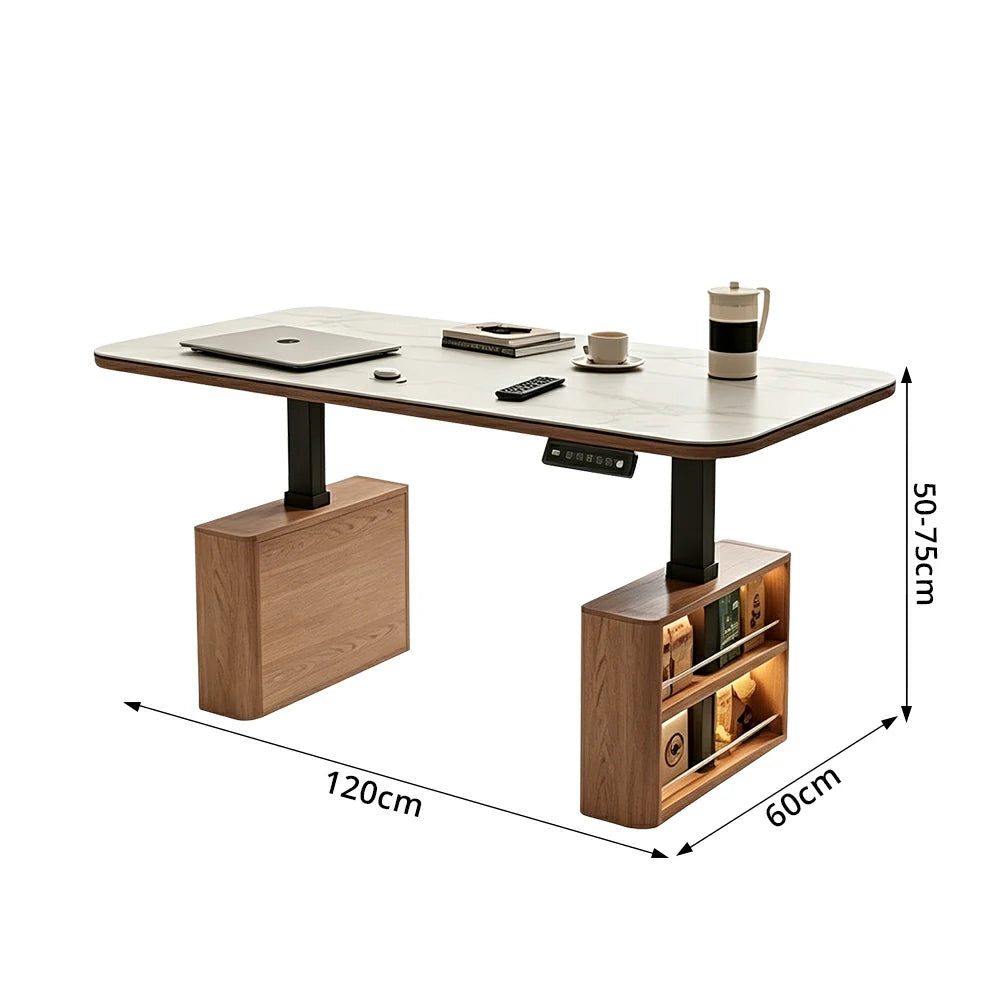 LUXORA Height Adjustable Executive Lift Desk Marble Rock Top Dual Cabinet Storage Smart Office Workstation Home Desk - Walnut & White Stone