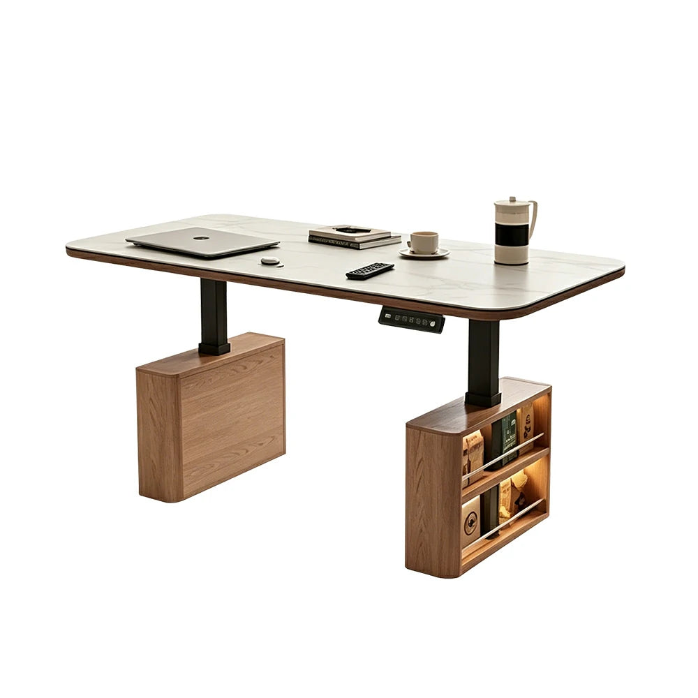 LUXORA Height Adjustable Executive Lift Desk Marble Rock Top Dual Cabinet Storage Smart Office Workstation Home Desk - Walnut & White Stone