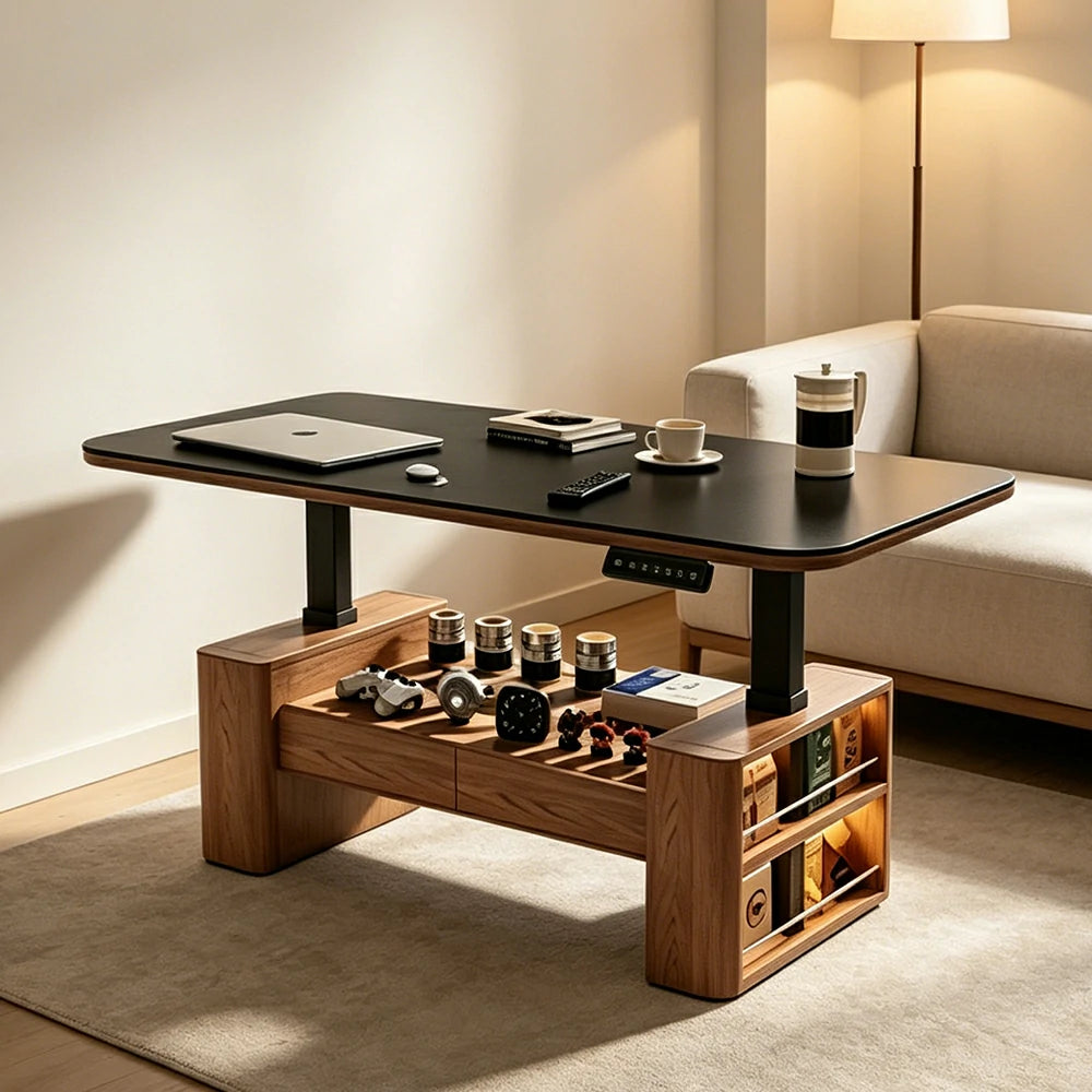 LUXORA Height Adjustable Executive Lift Desk Solid Wood & Marble Rock Top Smart Storage Office Workstation Dual Cabinet Design - Walnut & White Stone