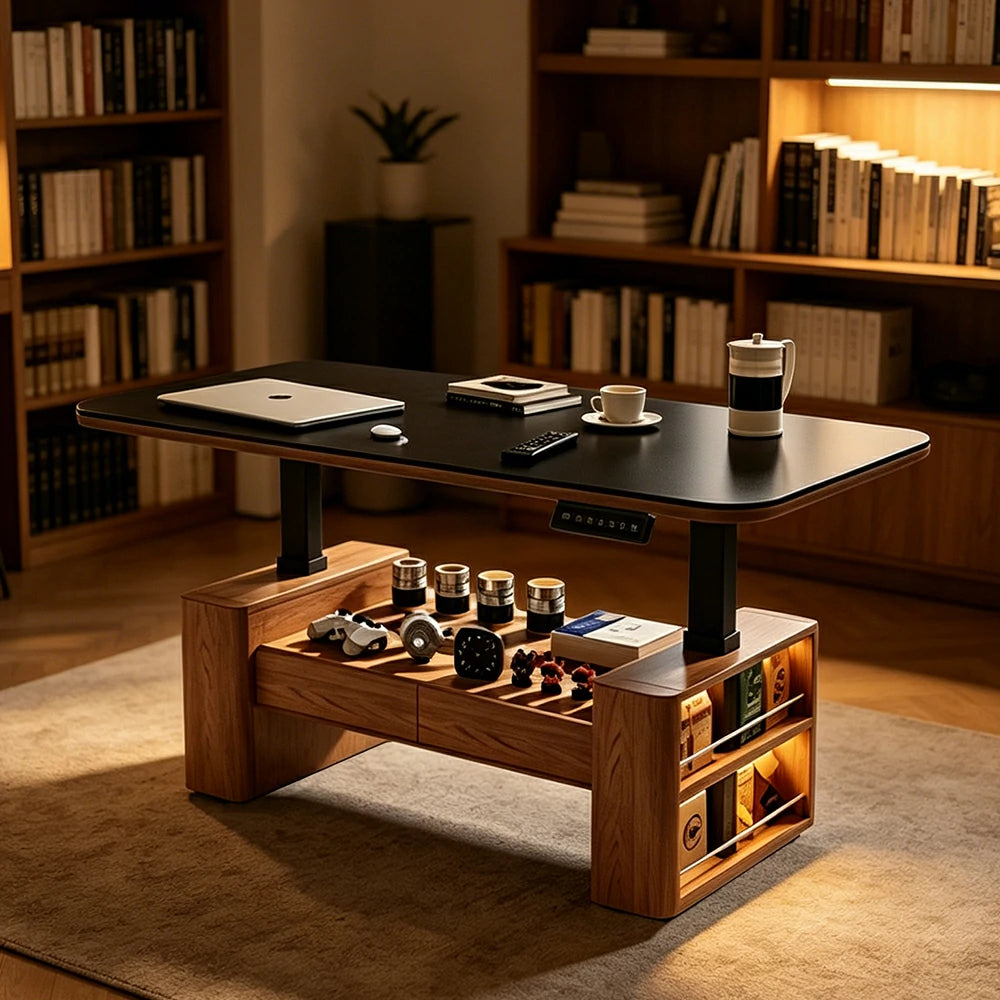 LUXORA Height Adjustable Executive Lift Desk Solid Wood & Marble Rock Top Smart Storage Office Workstation Dual Cabinet Design - Walnut & White Stone