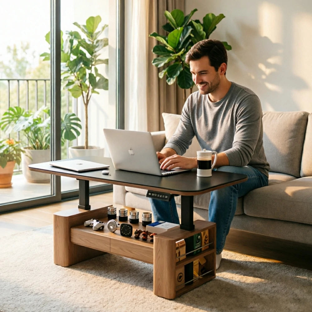 LUXORA Height Adjustable Executive Lift Desk Solid Wood & Marble Rock Top Smart Storage Office Workstation Dual Cabinet Design - Walnut & White Stone