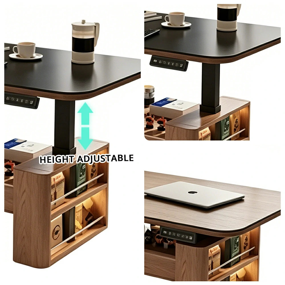 LUXORA Height Adjustable Executive Lift Desk Solid Wood & Marble Rock Top Smart Storage Office Workstation Dual Cabinet Design - Walnut & White Stone
