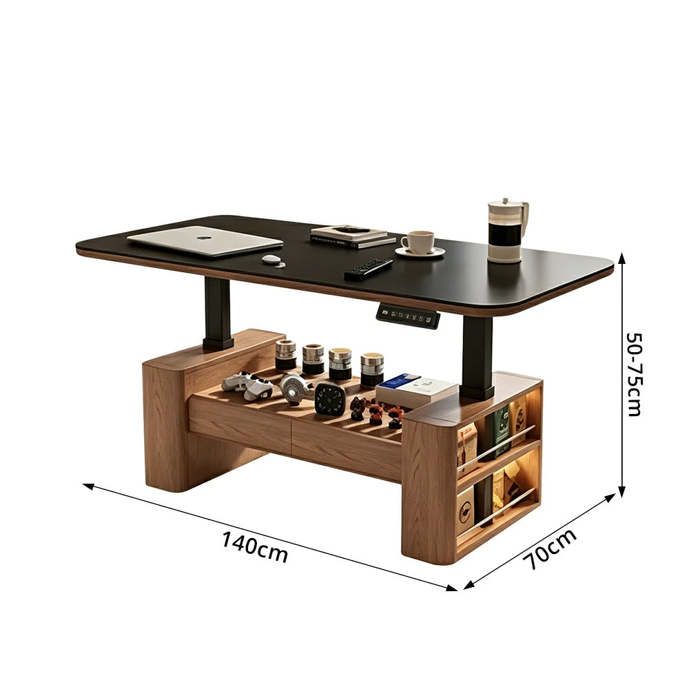 LUXORA Height Adjustable Executive Lift Desk Solid Wood & Marble Rock Top Smart Storage Office Workstation Dual Cabinet Design - Walnut & White Stone