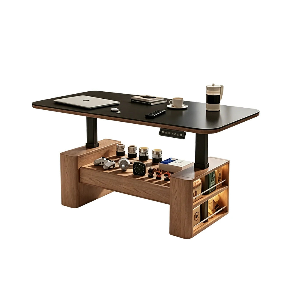 LUXORA Height Adjustable Executive Lift Desk Solid Wood & Marble Rock Top Smart Storage Office Workstation Dual Cabinet Design - Walnut & White Stone