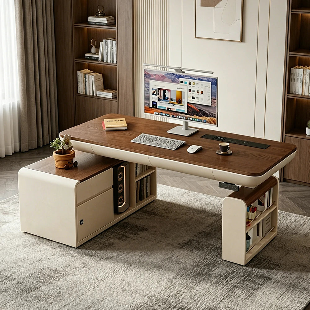 LUXORA Single Motor Height Adjustable Executive Office Desk Smart Lift Workstation Home Study Desk Storage Design - Walnut & Beige