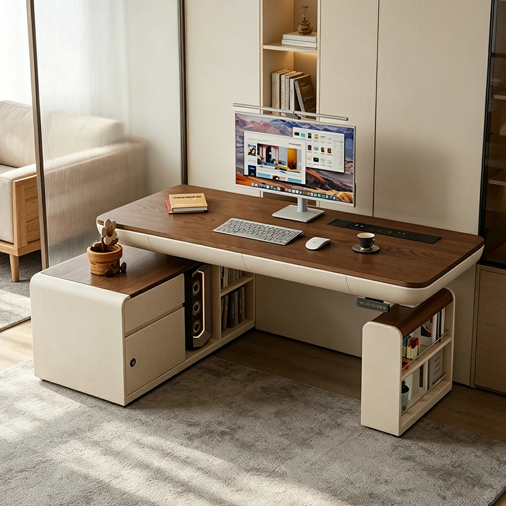 LUXORA Single Motor Height Adjustable Executive Office Desk Smart Lift Workstation Home Study Desk Storage Design - Walnut & Beige