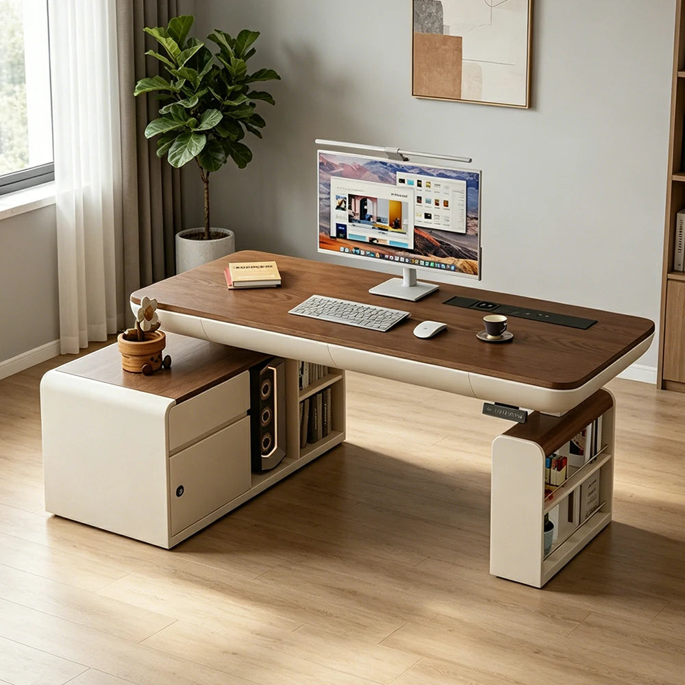 LUXORA Single Motor Height Adjustable Executive Office Desk Smart Lift Workstation Home Study Desk Storage Design - Walnut & Beige